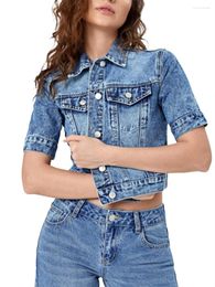 Women's Polos Women Denim Jacket Chic Solid Short Sleeve Turn-down Collar Button Closure Casual Daily Basic Versatility Streetwear