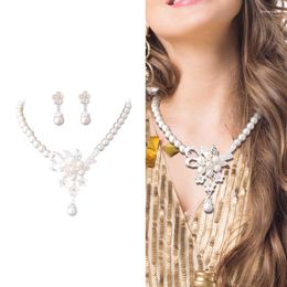 Necklace Earrings Set Creative Rhinestone Pearl Chain Wedding Bridal Fashion Jewellery Lady Female Jewellery For Women