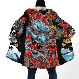 Men's Wool Blends Drop Winter Mens Cloak Samurai Oni Mask Tattoo 3D Printing Fleece Hooded cloak Unisex Casual Thick Warm Cape coat PF32 HKD230718