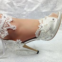 Dress Shoes Bride Wedding Women Open Toe Party 2023 Lace White Flower Ladies High Heel Pumps Thin Heels Princess