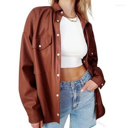 Women's Leather Women PU Jacket Fashion Streetwear Spring Autumn Oversized Coat Long Sleeve Turn Down Collar Shirts Top Casual
