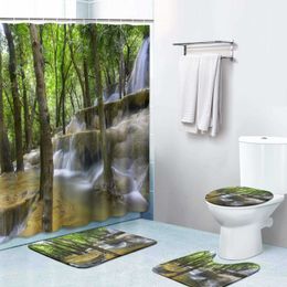 Набор занавесок для душа с природными пейзажами, лесным водопадом, водонепроницаемый набор для ванной комнаты с занавеской для душа, коврики для унитаза, коврик для ванной