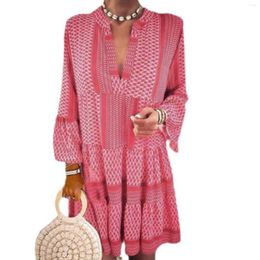 Casual Dresses Ladies V Neck Long Sleeve Pink Summer Dress With Pockets For Women Knee Length