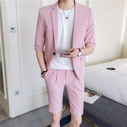 Men Suit Set Slim Fit Half Sleeve Knee Length Pants Korean Style Men's Clothing Pink White Summer Suit Jacket with Short Pant2884