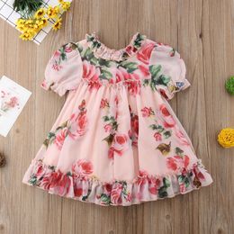 Flickans klänningar Kid Girls Dress Ny Summer Cute Baby Girls Clothes Tulle Floral Printed Party Clothing Birthday Dress
