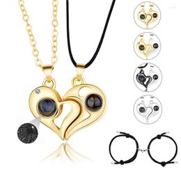 Pendant Necklaces 2pcs Love Couples Necklace Bracelet Magnet Projection