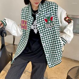 Women's Jackets Bomber Jacket Women Korean Street Fashion Casual Patchwork Plaid 2023 Autumn Couple Youth Loose Embroidered Baseball Coat