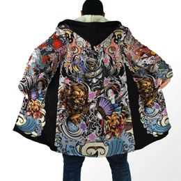 Men's Wool Blends Winter Fashion Mens cloak Samurai Geisha and Lion Tattoo 3D Printing Thick Fleece Hood cloak Unisex Casual Warm Cape coat DP07 HKD230718