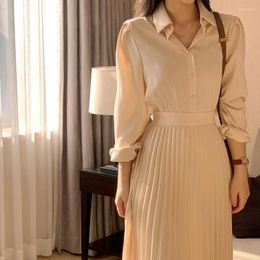 Casual Dresses Elegant Ladies Lapel Single Breasted High Waist Long Sleeve Dress For Women Maxi Korean Fashion Clothing Chic