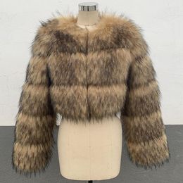 Women's Fur Winter Women Fashion Faux Raccoon Coat Luxury Short Fluffy Jacket Outerwear Fuzzy Crop Top High Quality