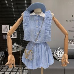Women's Tracksuits Set 2023 Summer Design Sleeveless Ruffled Flower Bud Shorts Top Two Piece For Women