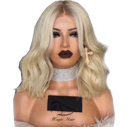 4 60 Platinum Blonde Wavy 150% Density Short Lace Front Human Hair Wigs Pre Plucked Ombre Cut Bob With Baby Hair265r