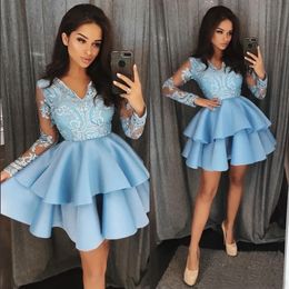 Homecoming Dresses Long Sleeves Applique Tiered Layers Skirt Short Party Cocktail Prom Dresses Blue V Neck Lace A Line
