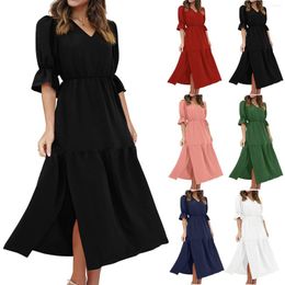 Casual Dresses Women's Solid Colour Sexy V-Neck High Waist Slit Dress Loose Summer Woman 2023 Trendy Vestidos Para Mujer