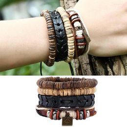 Charm Bracelets Simple Retro Set Leather Bracelet Men DIY Woven Cowhide Coconut Shell Rope Genuine Jewellery For