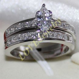 Damen-Paarring aus 925er-Silber gefüllt mit Marquiseschliff und simuliertem Diamant mit CZ-Seitenstein, zweilagig, Hochzeit, Größe 9 11, Marke Jewe222c