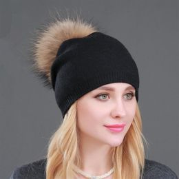 High Quality Women Dual layer Wool Knitted hats with big Real Fur Pompoms Warm Slouchy beanies hat ladies Fashion Skullies191y