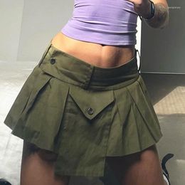 Skirts Ladies Fashion Wild Short Mini Solid Low Waist Buttons Irregular Hem Pleated A-line Skirt Women Streetwear Army Green