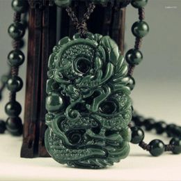 Pendant Necklaces KYSZDL Natural Green Hetian Yu Stone Hand-carved Men And Women Zodiac Dragon Free Round Bead Necklace Rope