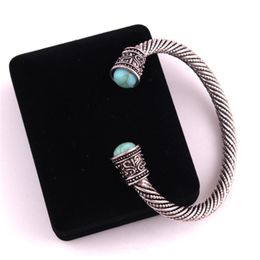 VB300027 Antique Silver Viking Norse Mystical Turquoise beads at each end Open Cuff Bracelet208K