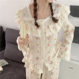 Women's Sleepwear Long Sleeve Pyjama Set Square Collar Ruffles Cardigan Women Floral Printed Gauze Cotton Kawaii Nightgown 2pcs Elegant D455