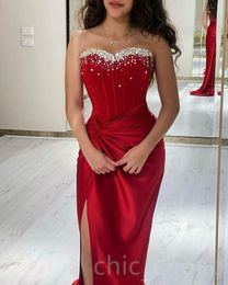 2023 Aso Ebi Red Mermaid Prom Dress Beaded Crystals Satin Evening Formal Party Second Reception Birthday Engagement Gowns Dresses Robe De Soiree ZJ742