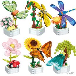 Blocks DIY Butterfly Insect Potted Plant Bonsai Flower Block Rose Decoration Mini Building Block Figure Plastic Toy Gift Kids Girls R230720