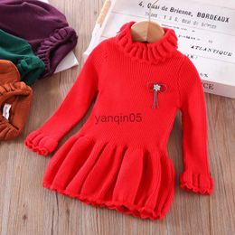 Pullover Girls' Long-sleeved Sweater Dress Fashion Corsage Knitted Dress Children's Clothing For Girls 3-7 Years Old HKD230719