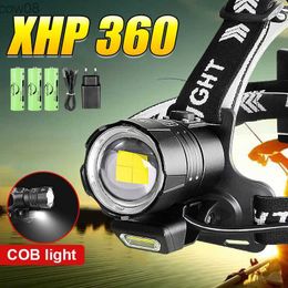 Headlamps Newest XHP360 Powerful Headlamp Rechargeab Head Flashlight Lantern High Power Headlight XHP90 USB Camping Head Lamp Light HKD230719