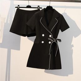 Women's Tracksuits Two-Piece Suit Oversize Lady Summer Slim Young Style Black Notched Collar Shirts Lace-Up Tight Waist Shorts Female