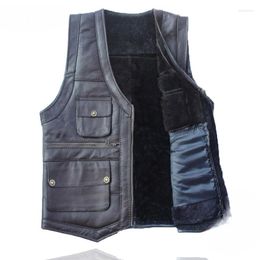 Men's Vests 2023 Autumn Winter Mens Fashion Sheepskin Leather Gilet Coats Male V-Neck Waistcoat Men Warm Fleece Sleeveless Jackets D343