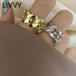 LIVVY Silver Colour Simple Smooth Hollowed-Out Geometric Cross Chain Adjustable Ring for Women Couple Unique Party Jewellery