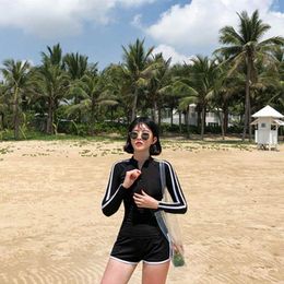 Women's Swimwear Long Sleeve Rash Guard Women Two Pieces Swimsuit Zipper Striped Surfing Suit High Neck Diving Bathing