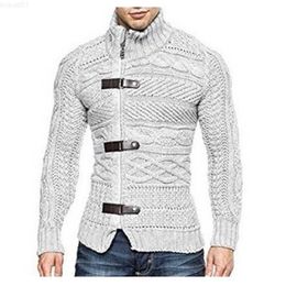 Men's Sweaters Men's High Collar 3 Leather Buckle Long-sleeved Knitted Tops for Autumn and Winter New Slim Zipper Cardigan Jacket Men L230719