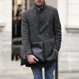 Men' Blends Men Woollen Coat Mid Length Double Breasted Stand Collar Outerwear Autumn Winter British Style Windbreaker Overcoat Streetwear 230718