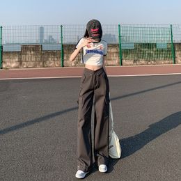 Women s Pants s American grey cargo pants for women in summer 2023 straight tube loose high waist trousers show thin wide leg trend 230718