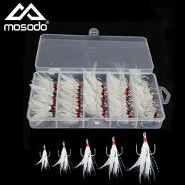 Fishing Hooks Mosodo 50pcs Feathered Treble Hooks Set Dressed Triple Hook Strong Pull Lure Fishing Hook with Feathers Fishing Accessories 230718