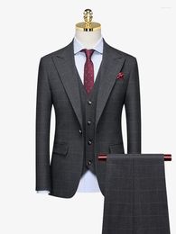 Men's Suits Grey Plaid Luxury Men Set Blazer Vest Pant Slim Fit Normal Wedding Groom Wear Businessman Casual Daily Clothing 4XL Plus