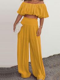 Women's Two Piece Pants Spring Short Sleeve Casual Style Polyester Material 2023 Fashion Off Shoulder Wide Leg Set