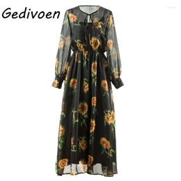 Casual Dresses Gedivoen Runway Spring Summer Long Women's Elegant Full Sleeve Elastic Waist Sunflower Flower Print Big Swing Dress