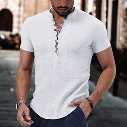 Men's Casual Shirts Linen Shirt Fashion Cotton Solid Plain V-neck Tops Pullover Fall Summer Vintage Buttoned Short Sleeve Mens Llothing