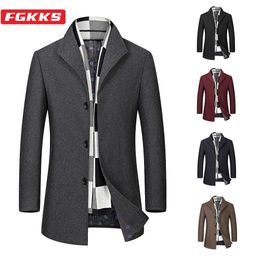 Men's Wool Blends FGKKS Men Winter Wool Coat Men's Autumn High Quality Solid Colour Simple Wool Blends Woollen Pea Coat Trench Coat HKD230718