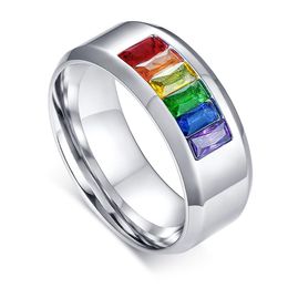 Lovers Surgical Steel LGBT Gay Pride Lesbian Rainbow Colourful CZ Stone Inlay Band Ring Promise Wedding Engagement Rings245w