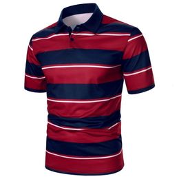 Men's Polos Men Short Sleeve Polo Shirt Contrast Stripe Blue And White Striped Top Trending Casual Street Lapel 230719