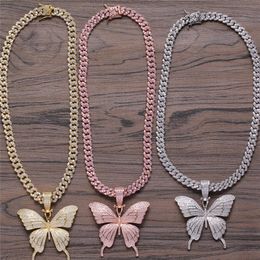 Fine Jewellery Gold Plated Micro Paved CZ Cubic Zircon Diamond Cuban Link Chain with Butterfly Necklace Hip Hop Jewelry284g