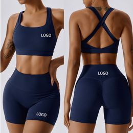 Womens Two Piece Pants Customised hip lifting training nylon sports matching sexy gym fitness summer yoga bike womens shorts set 230718