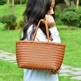 Evening Bags Women Leather Weave Handbags Feminine Handmade Woven Bucket Bag With Cotton Pockets Casual Knitting Compartment