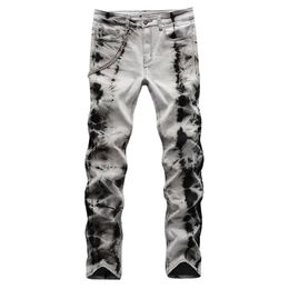 GINZOUS Men's Tie and Dyed Snow Washed Denim Jeans with Chain Streetwear Slim Stretch Pants Grey Black Trousers183C