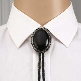 Bolo Ties Oval shape black agateoxny bolo tie for man Indian cowboy western cowgirl leather rope zinc alloy necktie wave side HKD230719