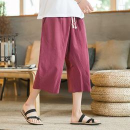 Men's Pants Summer Large Solid Color Capris For Men Beachwear Chinoiserie Loose Tie Cotton Linen Casual Pant Wide Leg